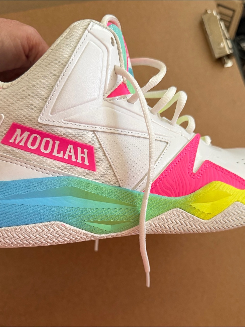 White 'MOOLAH' High Top Sneaker with Neon Pink, Blue & Yellow Accents